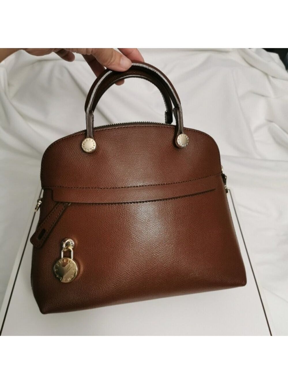 Furla Piper Small Dome Satchel Cognac Pebbled Leather